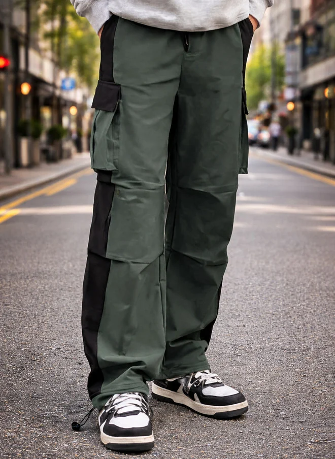 The Souled Store Men Baggy Fit Colorblock Green Parachute Pants