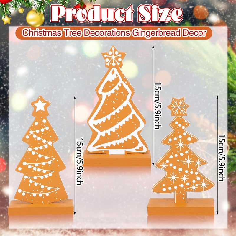 Syhood 3 Pcs Christmas Gingerbread Tree Tabletop Decorations Wooden Gingerbread Trees Sequins Village Standing Gingerbread Tree Sign with Base for Xmas Home Table Centerpiece Mantel Shelf office Decor - Image 2