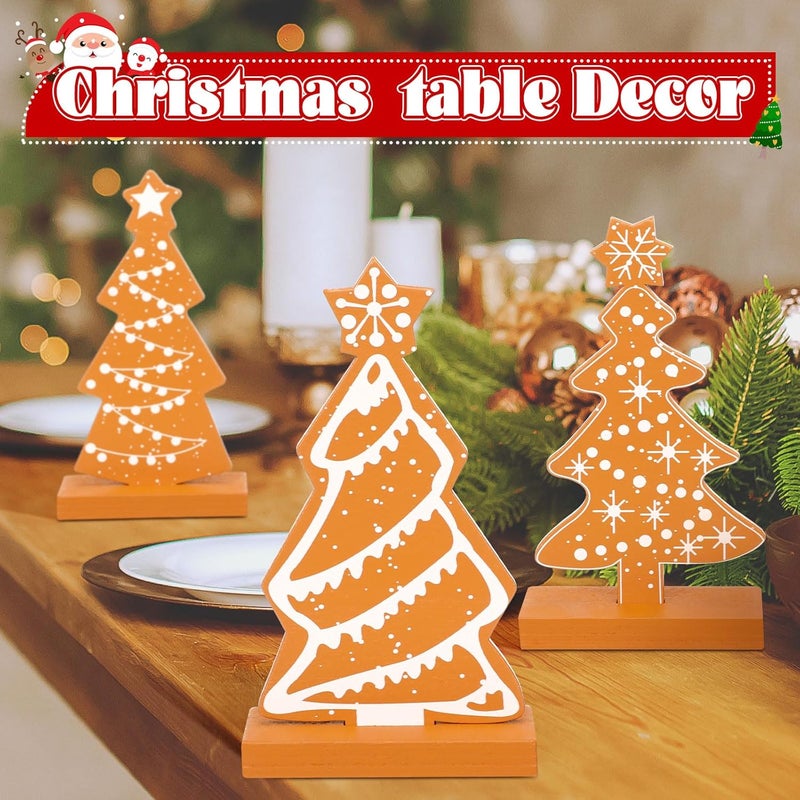 Syhood 3 Pcs Christmas Gingerbread Tree Tabletop Decorations Wooden Gingerbread Trees Sequins Village Standing Gingerbread Tree Sign with Base for Xmas Home Table Centerpiece Mantel Shelf office Decor - Image 3