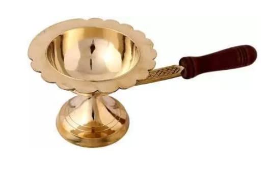 UAPAN Wooden Handle Brass Table Diya for Home I Temple and Shop Brass Table Diya (Height: 2.25 inch) - Image 1