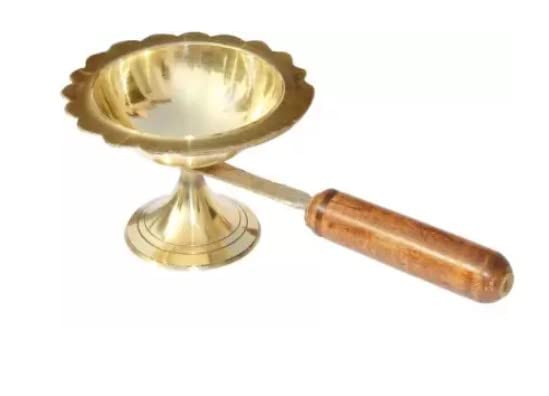 UAPAN Wooden Handle Brass Table Diya for Home I Temple and Shop Brass Table Diya (Height: 2.25 inch) - Image 3