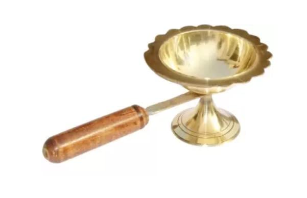 UAPAN Wooden Handle Brass Table Diya for Home I Temple and Shop Brass Table Diya (Height: 2.25 inch) - Image 2