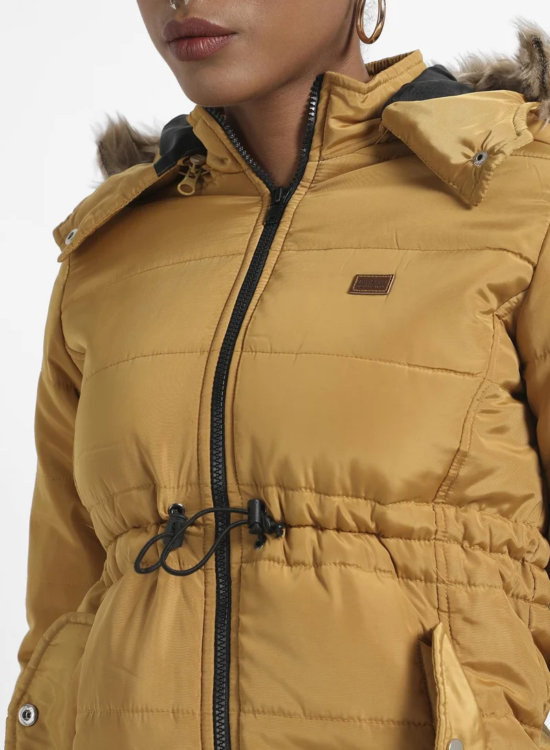 Pinacolada  Women's Yellow Quilted Puffer Jacket With Fur Details for Women | Best Price UAE