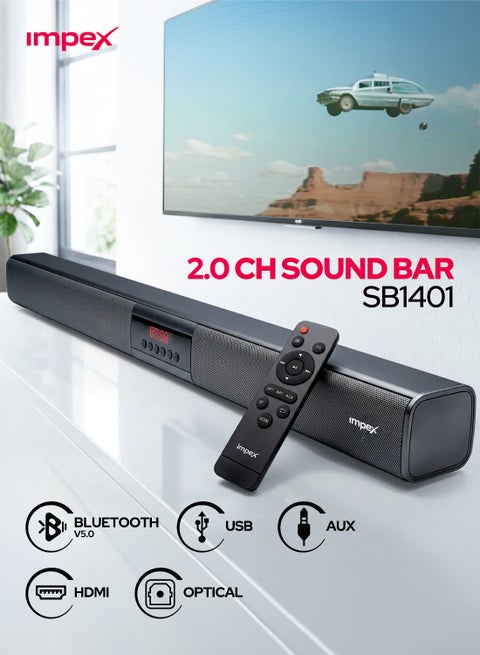 2.0CH Sound Bar SB 1401, 4000W PMPO Powerful Audio, Bluetooth 5.0 Wireless Speaker, LED Display, Remote Control, USB AUX HDMI Optical Support, Home Theater Soundbar, 2 Year Warranty SB 1401 Black