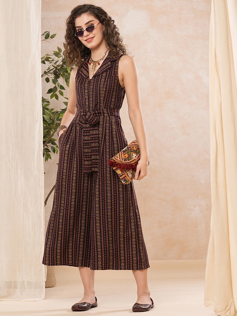 globus Globus Women Lapel Collar Ethnic Printed Waist Tie-Up Flared Culotte Jumpsuit - Image 1