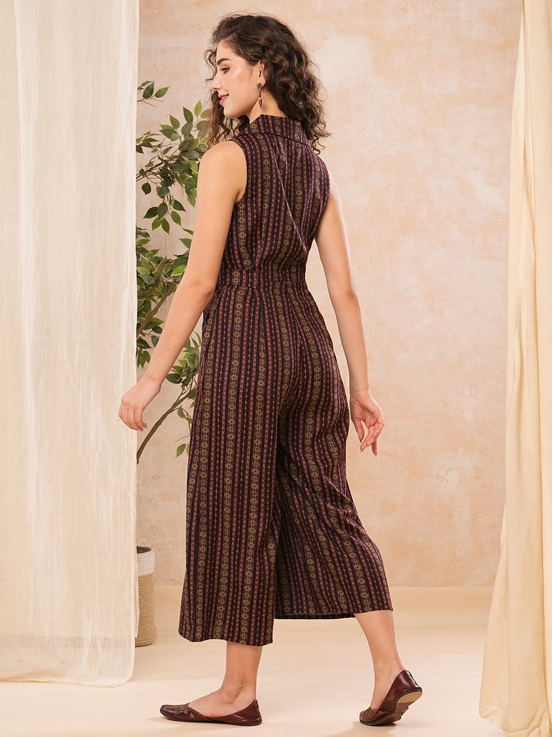 globus Globus Women Lapel Collar Ethnic Printed Waist Tie-Up Flared Culotte Jumpsuit - Image 3