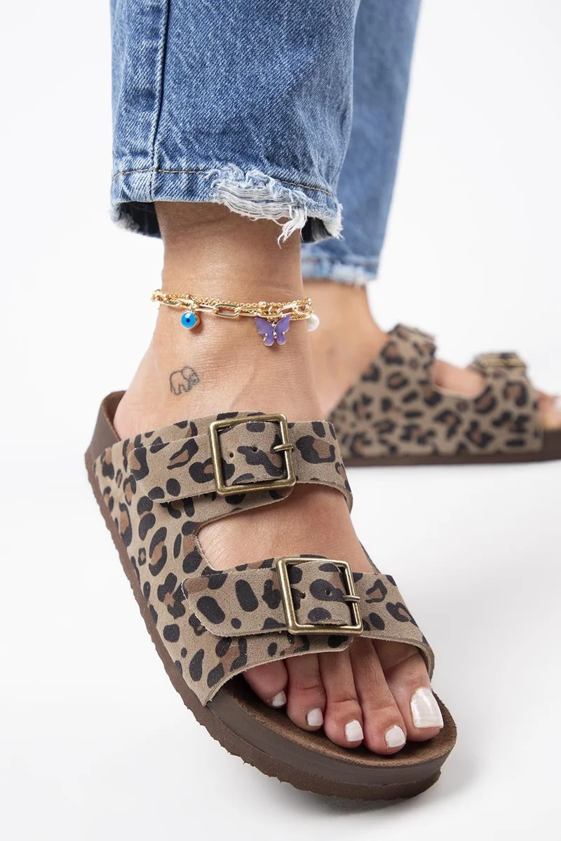 Manijero Manijero Anlelic Leopard Women's Genuine Leather Double Buckle Mink Slippers