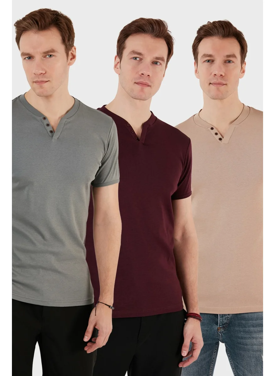 Buratti Cotton Button Detail Slim Fit V Neck 3-Pack T Shirt Men's T Shirt 5902122S3