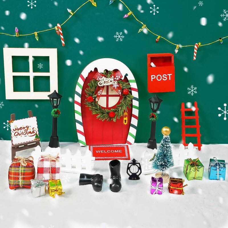 Bbiamsleep 27 Pcs Christmas Elf Fairy Door Kit Tiny Wooden Miniature Fairy Doors Mini Door with Christmas Decoration Accessories for Mini House Furniture Christmas Decoration - Image 3