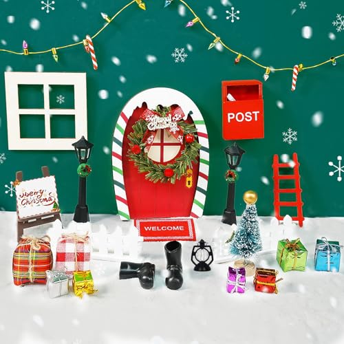 Bbiamsleep 27 Pcs Christmas Elf Fairy Door Kit Tiny Wooden Miniature Fairy Doors Mini Door with Christmas Decoration Accessories for Mini House Furniture Christmas Decoration - Image 1