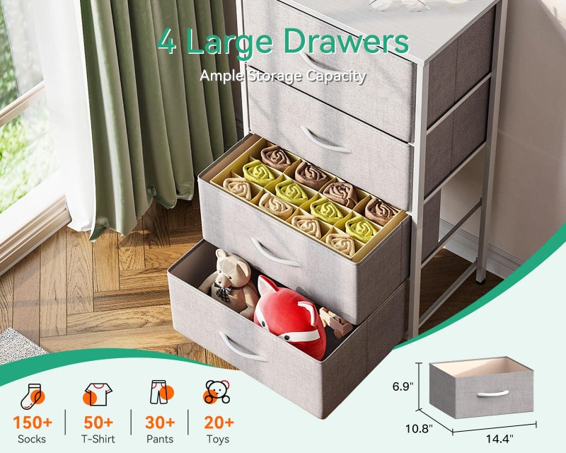 AODK Dresser for Bedroom with 4 Storage Drawers, Small Dressers Chest of Drawers Fabric Dresser with Sturdy Steel Frame, Dressers for Closet with Wood Top, Light Grey - Image 4