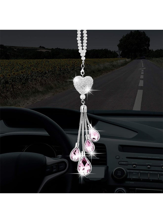 Bling Heart Diamond Crystal Car Accessories, Car Rearview Mirror Hanging Accessories 7.5 Inch, Lucky Hanging Interior Ornament Pendant Gifts for Women - Pink - Image 2