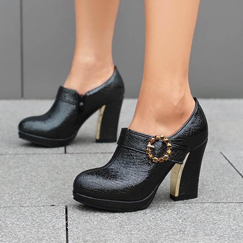 2024 Spring High Heeled Belt Buckle 40-46 Round Head Zipper Platform Round Head Women'S Single Shoes - Image 2
