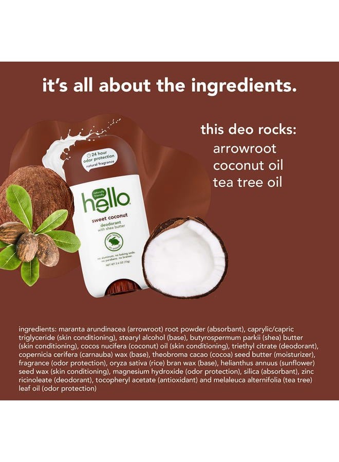 Hello مزيل عرق جوز الهند الحلو مع زبدة الشيا للنساء والرجال، حماية من الروائح لمدة 24 ساعة، بدون ألمنيوم + بدون بيكربونات الصوديوم، نباتي وخالي من البارابين، 2.6 أونصة، 3 قطع - Image 5