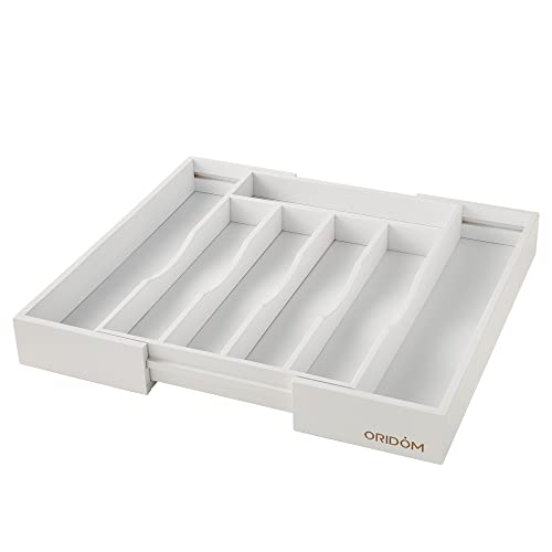 oridom Expandable Bamboo Kitchen Drawer Organizer for Cutlery and Utensils, Adjustable Bamboo Wood Cutlery Tray in Drawer for Flatware and Silverware in Kitchen, (White) - Image 2