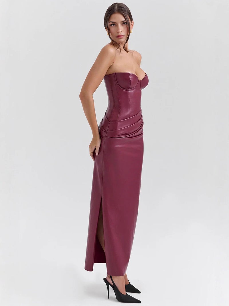 Leather Corset Bodycon Dress with Side Slit Evening Gown - Image 1
