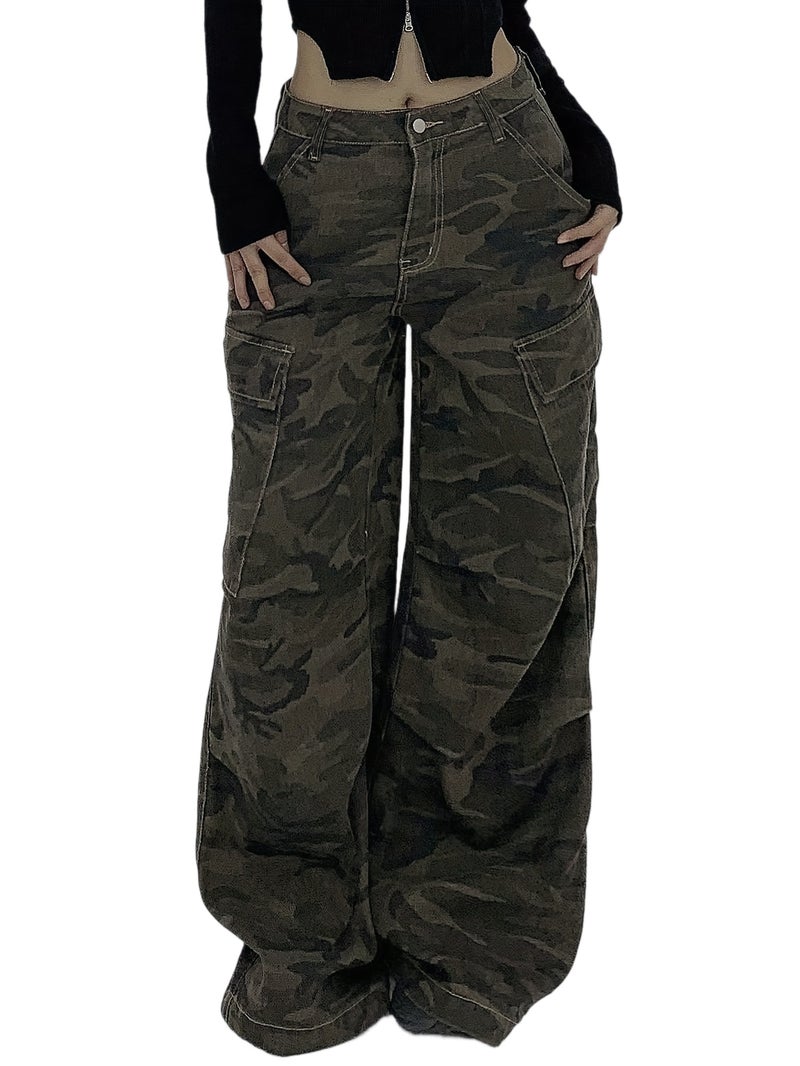 Ladies New Washed Denim Camouflage Workwear Straight-Leg Pants Loose Comfortable Casual New Denim Trousers - Image 1