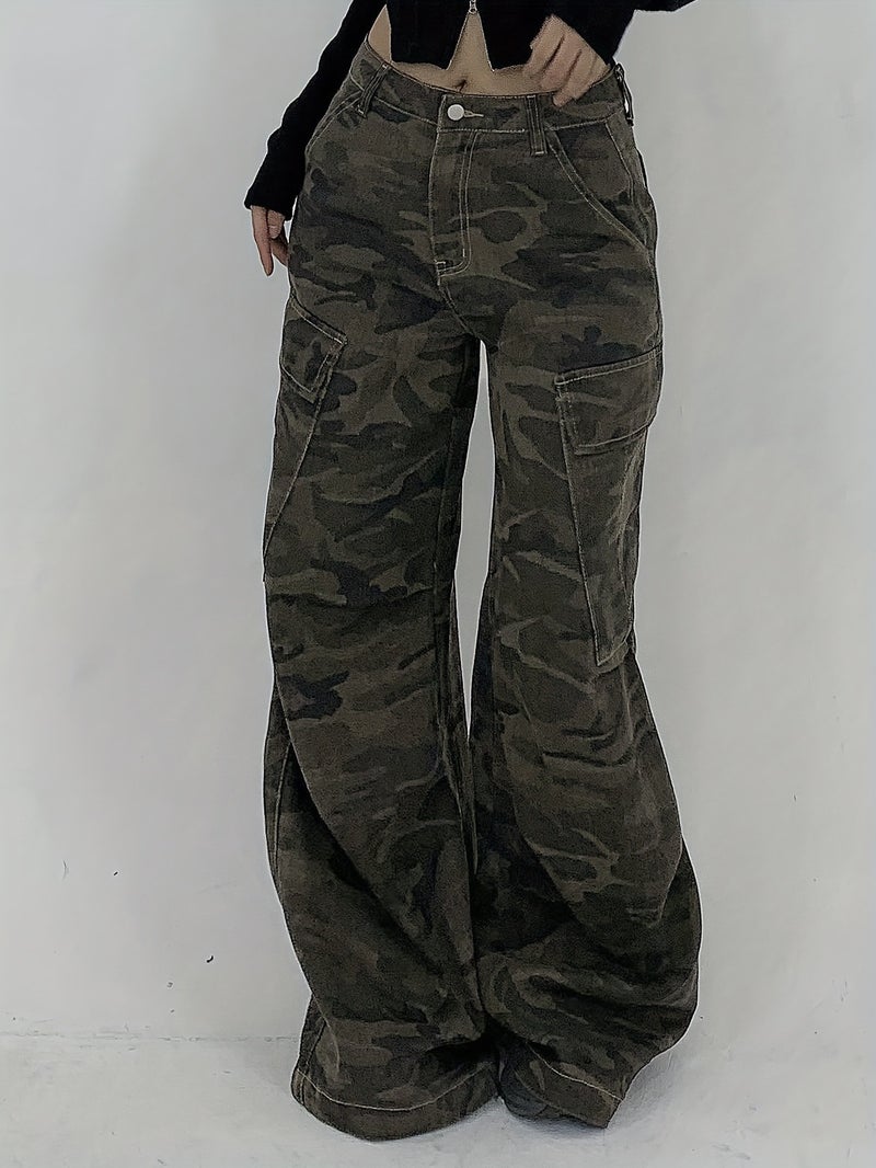 Ladies New Washed Denim Camouflage Workwear Straight-Leg Pants Loose Comfortable Casual New Denim Trousers - Image 3
