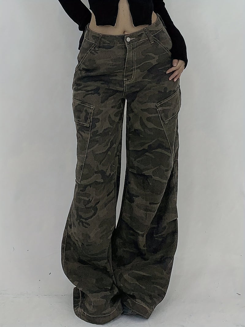 Ladies New Washed Denim Camouflage Workwear Straight-Leg Pants Loose Comfortable Casual New Denim Trousers - Image 2
