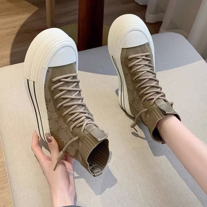 Autumn 2023 High-Top Sock Sneakers Women Knit Martin Boots Khaki [follow the store first]]