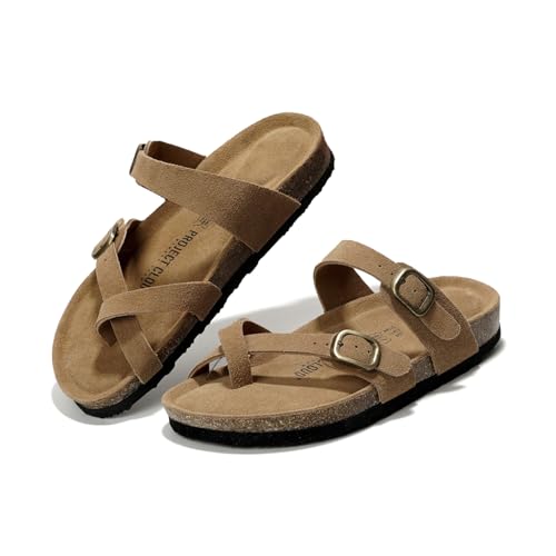 Project Cloud Genuine Leather Womens Sandals - Comfortable Cork Footbed Slides with Memory Foam Beach Essential Summer Sandals For Women 2025 (Lian, Chstnut, 7) - Image 1