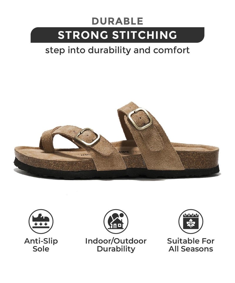 Project Cloud Genuine Leather Womens Sandals - Comfortable Cork Footbed Slides with Memory Foam Beach Essential Summer Sandals For Women 2025 (Lian, Chstnut, 7) - Image 3