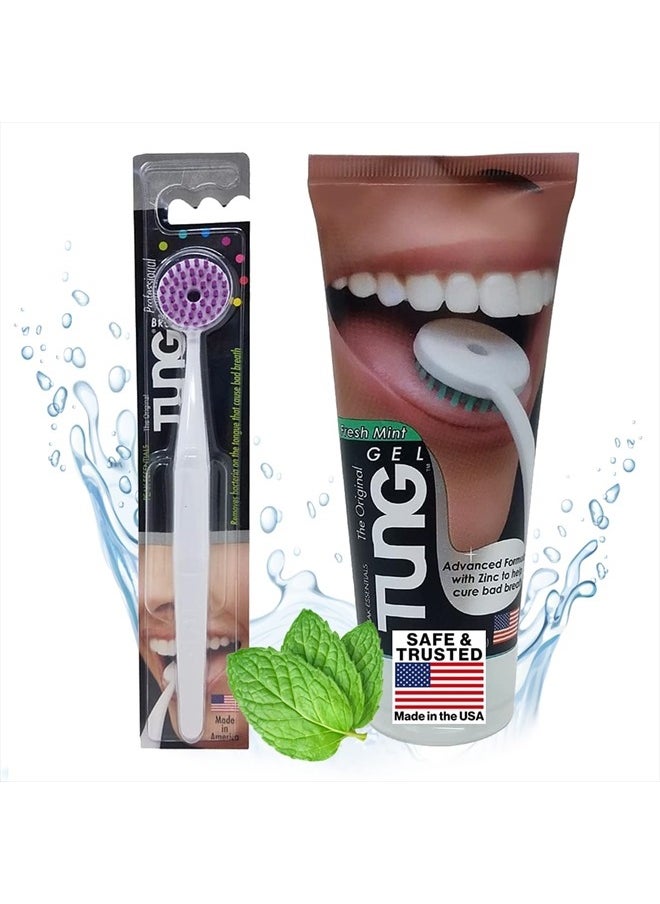 Peak Essentials The Original TUNG Brush Tung Tongue Brush & Gel Kit | Tongue Cleaner for Adults | Tongue Scraper to Fight Bad Breath and Halitosis | Mouth Odor Eliminator | Fresh Mint | Made in America (Set of 1)  - Image 1