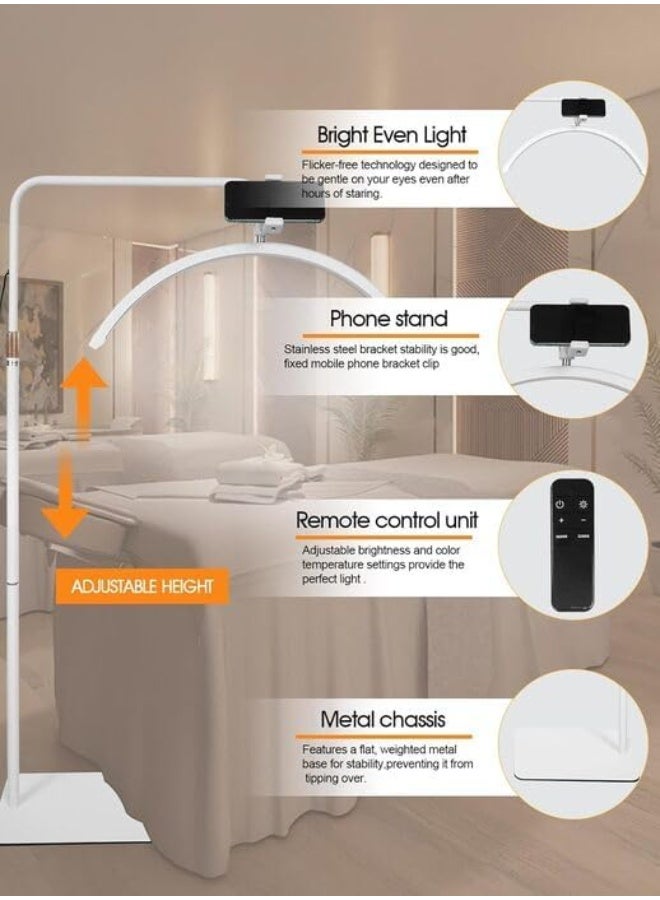 HD-M8X White LED Floor Lamp with Half Moon Design for Eyelashes and Mobile Phone Holder, Adjustable Brightness and Height - Image 4