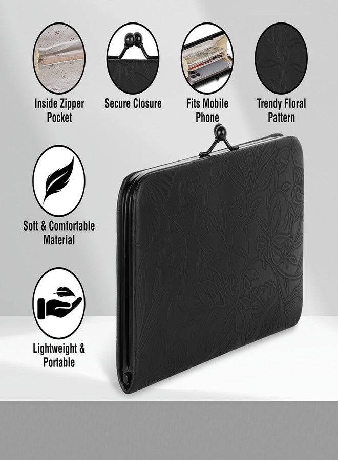 DOSYSO Wallet for Women Stylish Latest Floral Flower Printed Design Vegan Leather Mobile Phone Holder Card Slots Magnetic Kiss Lock Zip Pocket Hand Clutch for Daily Use Girls Gift Party Ladies Purse (Black) - Image 3