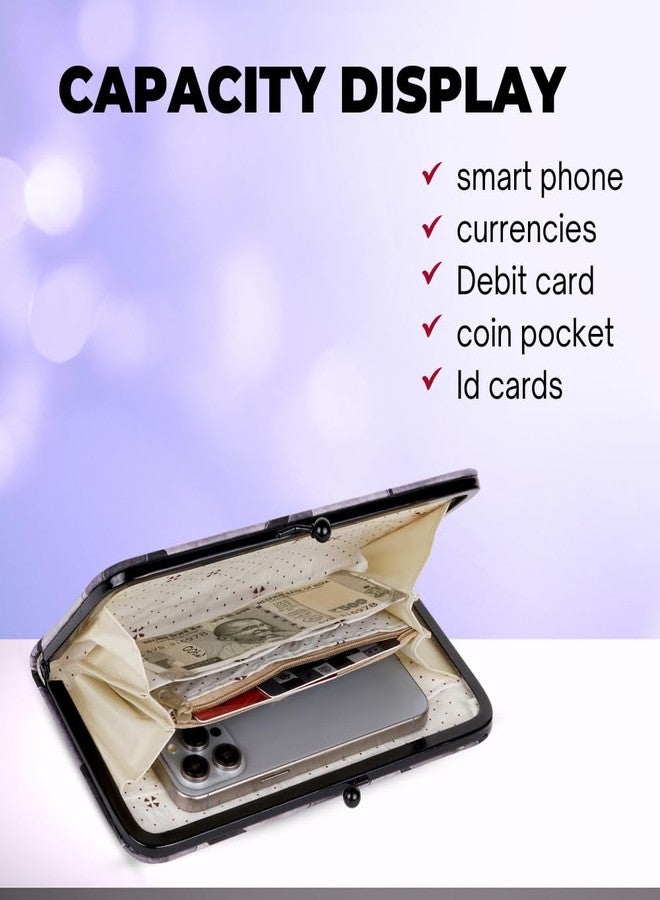 DOSYSO Wallet for Women Stylish Latest Floral Flower Printed Design Vegan Leather Mobile Phone Holder Card Slots Magnetic Kiss Lock Zip Pocket Hand Clutch for Daily Use Girls Gift Party Ladies Purse (Black) - Image 4