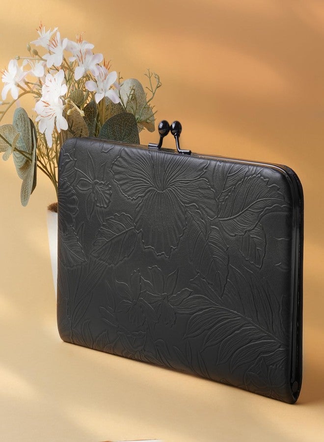 DOSYSO Wallet for Women Stylish Latest Floral Flower Printed Design Vegan Leather Mobile Phone Holder Card Slots Magnetic Kiss Lock Zip Pocket Hand Clutch for Daily Use Girls Gift Party Ladies Purse (Black) - Image 2