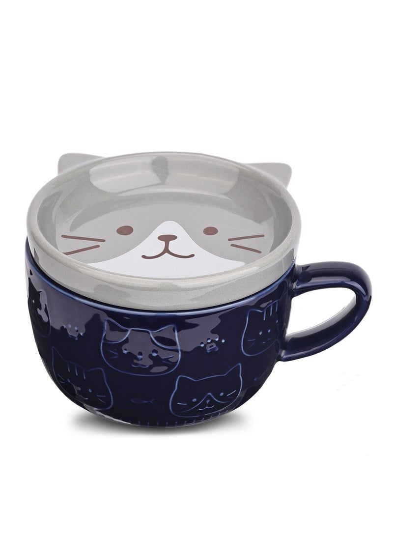 SYOSI Cute Ceramic Cat Coffee Mug with Lid,Kawaii Coffee Mugs or Tea Cups for Cat Lovers,Funny Novelty Cat Breakfast Mugs for Women Wife Mum Girls Boys Friends Kids  Birthday Gift,300ML（Blue） - Image 1