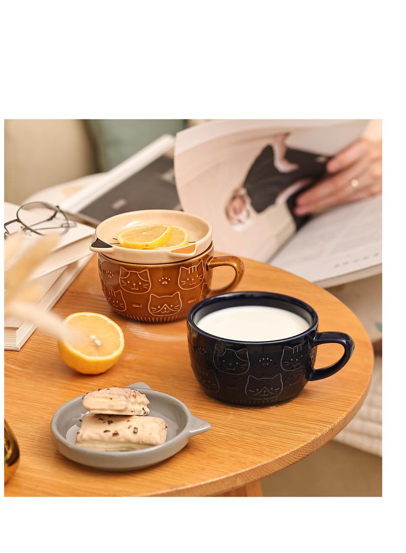SYOSI Cute Ceramic Cat Coffee Mug with Lid,Kawaii Coffee Mugs or Tea Cups for Cat Lovers,Funny Novelty Cat Breakfast Mugs for Women Wife Mum Girls Boys Friends Kids  Birthday Gift,300ML（Blue） - Image 2