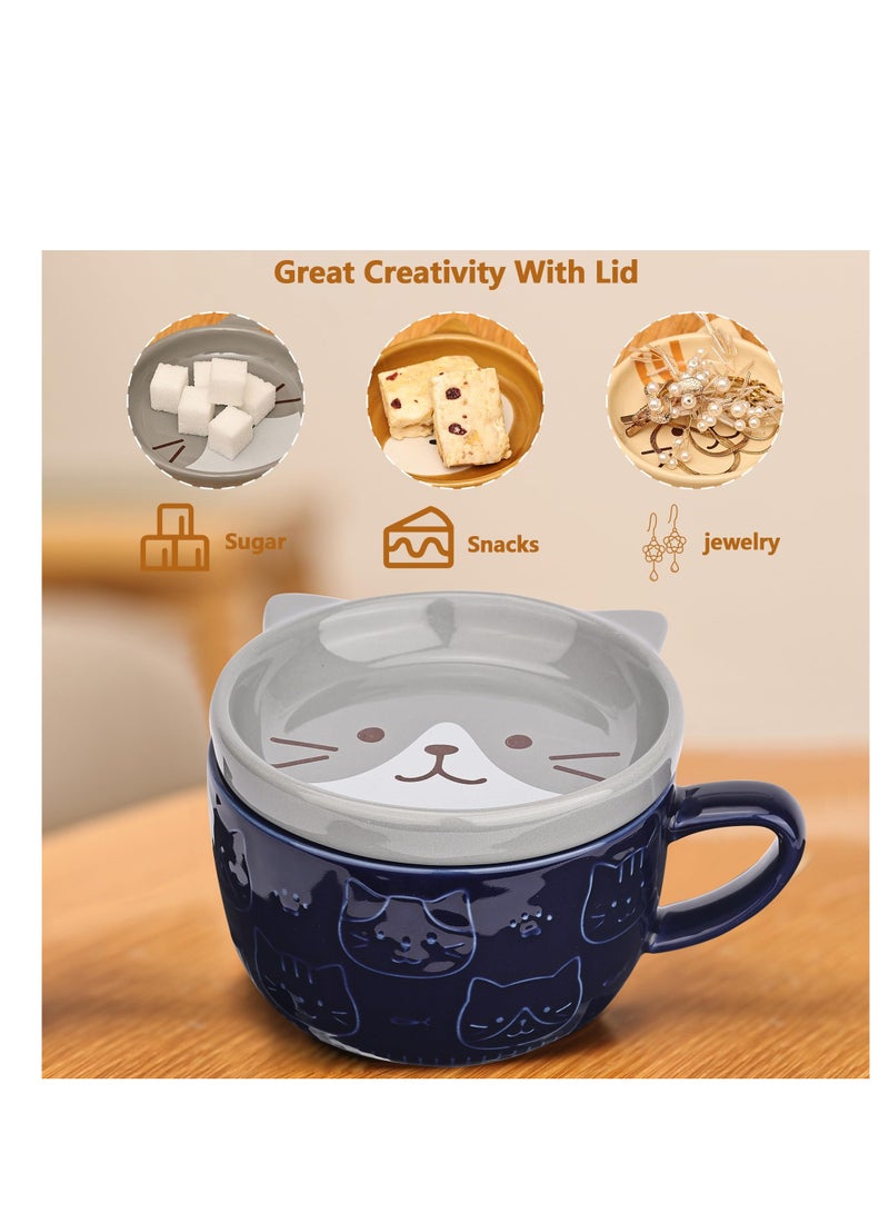 SYOSI Cute Ceramic Cat Coffee Mug with Lid,Kawaii Coffee Mugs or Tea Cups for Cat Lovers,Funny Novelty Cat Breakfast Mugs for Women Wife Mum Girls Boys Friends Kids  Birthday Gift,300ML（Blue） - Image 3