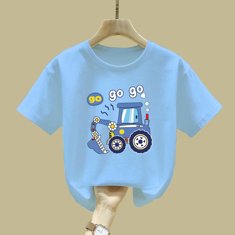 2460# Boys' Summer T-Shirt Short Sleeve Pure Cotton New Fashion Cool Cartoon Excavator Summer Jacket For Middle And Large Children - Image 5