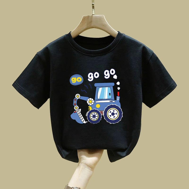 2460# Boys' Summer T-Shirt Short Sleeve Pure Cotton New Fashion Cool Cartoon Excavator Summer Jacket For Middle And Large Children - Image 1