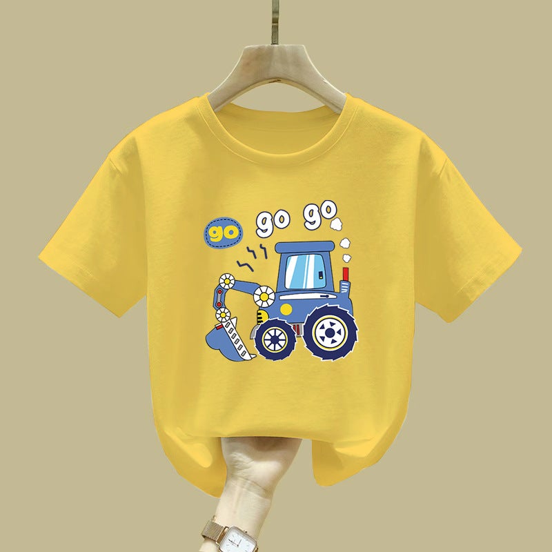2460# Boys' Summer T-Shirt Short Sleeve Pure Cotton New Fashion Cool Cartoon Excavator Summer Jacket For Middle And Large Children - Image 3