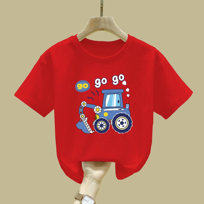 2460# Boys' Summer T-Shirt Short Sleeve Pure Cotton New Fashion Cool Cartoon Excavator Summer Jacket For Middle And Large Children - Image 4