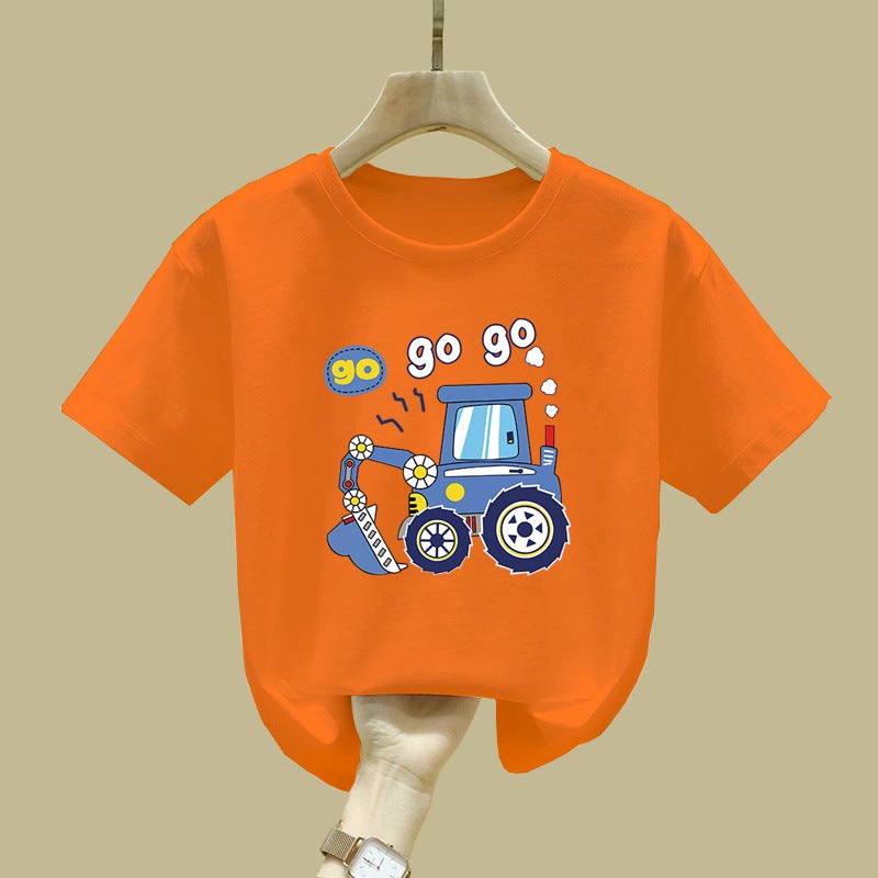 2460# Boys' Summer T-Shirt Short Sleeve Pure Cotton New Fashion Cool Cartoon Excavator Summer Jacket For Middle And Large Children - Image 2