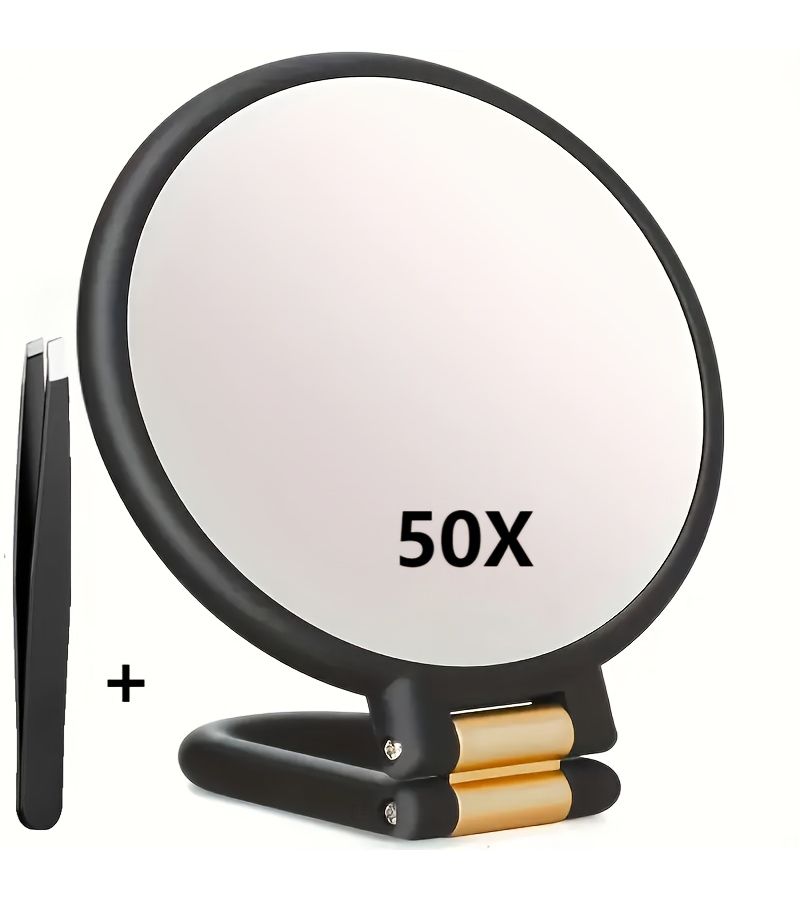 مرآة مكياج يدوية مزدوجة الجوانب 50X مع لب أبيض وملقط، قابلة للتعديل 360 درجة - Image 1