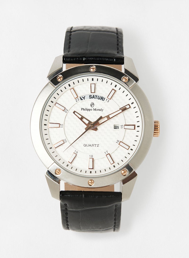 Philippe Moraly ساعة يد تناظرية بحزام جلدي L1373CRWB - 44 مم - أسود - Image 1