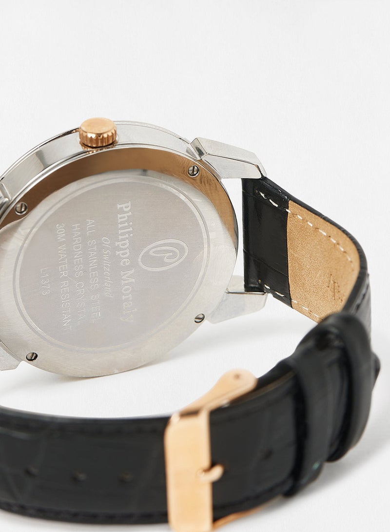 Philippe Moraly ساعة يد تناظرية بحزام جلدي L1373CRWB - 44 مم - أسود - Image 3