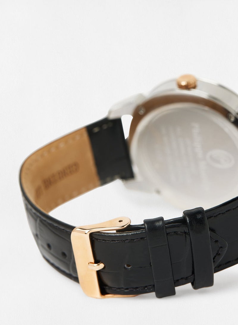 Philippe Moraly ساعة يد تناظرية بحزام جلدي L1373CRWB - 44 مم - أسود - Image 4