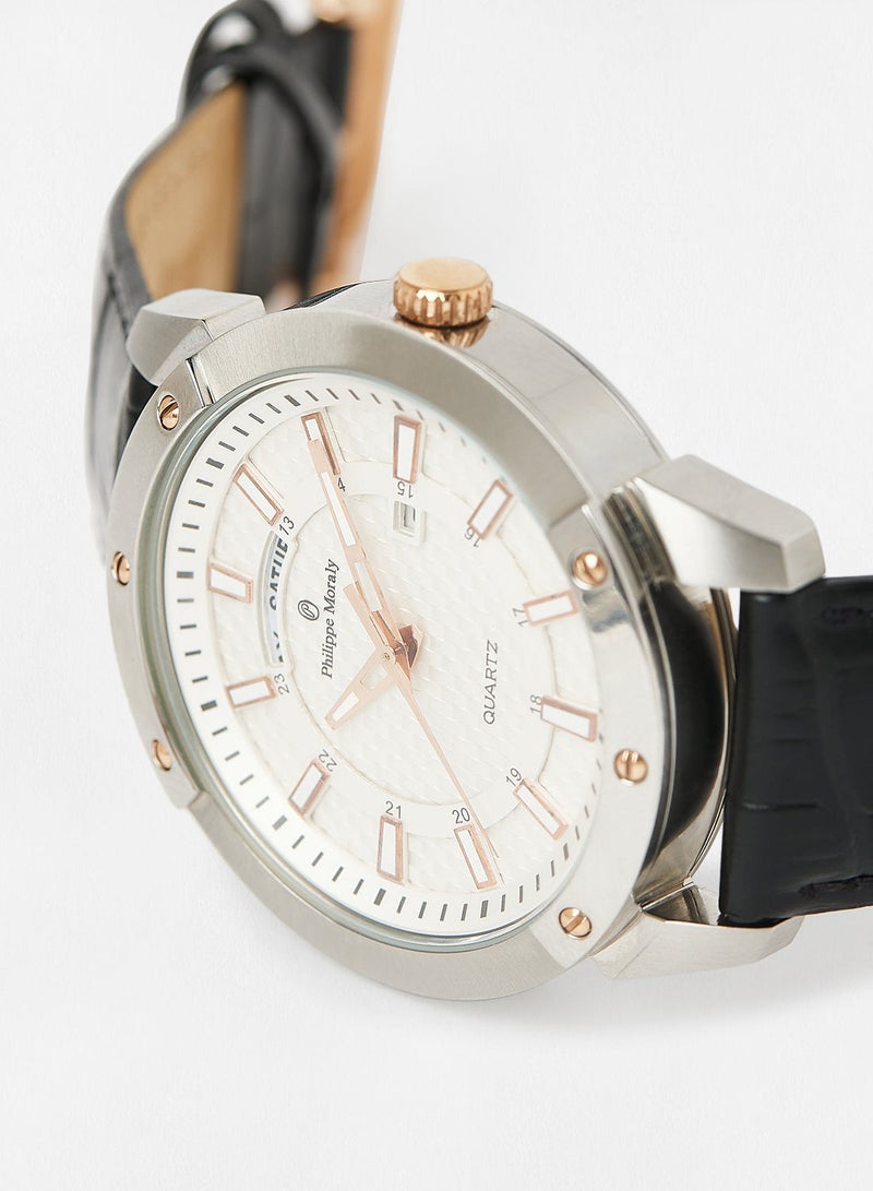 Philippe Moraly ساعة يد تناظرية بحزام جلدي L1373CRWB - 44 مم - أسود - Image 2