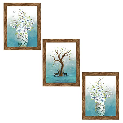 Indianara Set of 3 Flower Vase with Deers Framed Art Painting (3981WNT) without glass 10.2 X 13, 10.2 X 13, 10.2 X 13 INCH - Image 1