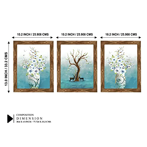 Indianara Set of 3 Flower Vase with Deers Framed Art Painting (3981WNT) without glass 10.2 X 13, 10.2 X 13, 10.2 X 13 INCH - Image 2