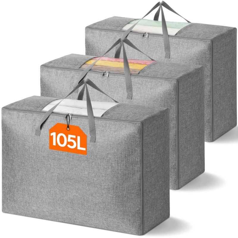 Lifewit 105L Comforter Storage Bag 3 Pack Folable Storage Bins with Lids for Quilt Duvet Extra Large Bedding Storage Bags with Zippers and Handles Clothes Organizers and Storage with Clear Window