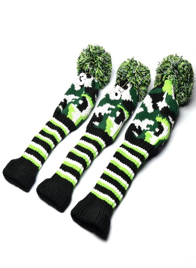 GOOACTION 3PCS Knitted Golf Head Covers 1-3-5 for Driver and Fairway Woods with Long Neck Design Camouflage Army Green Sock Pom Pom Camo Vintage Golf Club Head Covers Set - Image 3