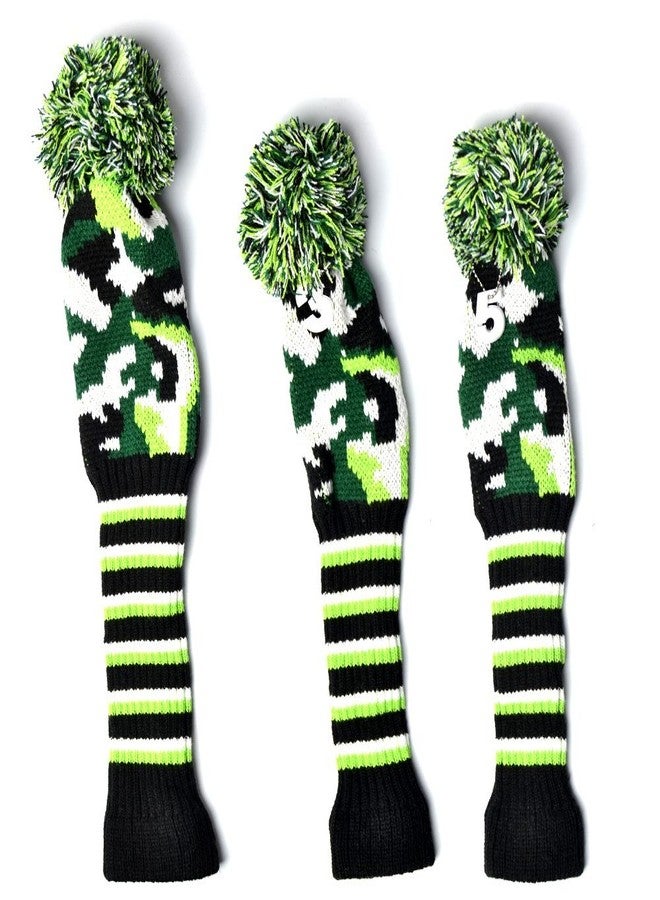 GOOACTION 3PCS Knitted Golf Head Covers 1-3-5 for Driver and Fairway Woods with Long Neck Design Camouflage Army Green Sock Pom Pom Camo Vintage Golf Club Head Covers Set - Image 2