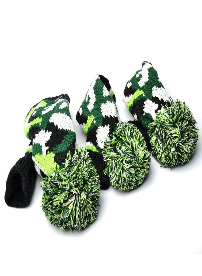 GOOACTION 3PCS Knitted Golf Head Covers 1-3-5 for Driver and Fairway Woods with Long Neck Design Camouflage Army Green Sock Pom Pom Camo Vintage Golf Club Head Covers Set - Image 1
